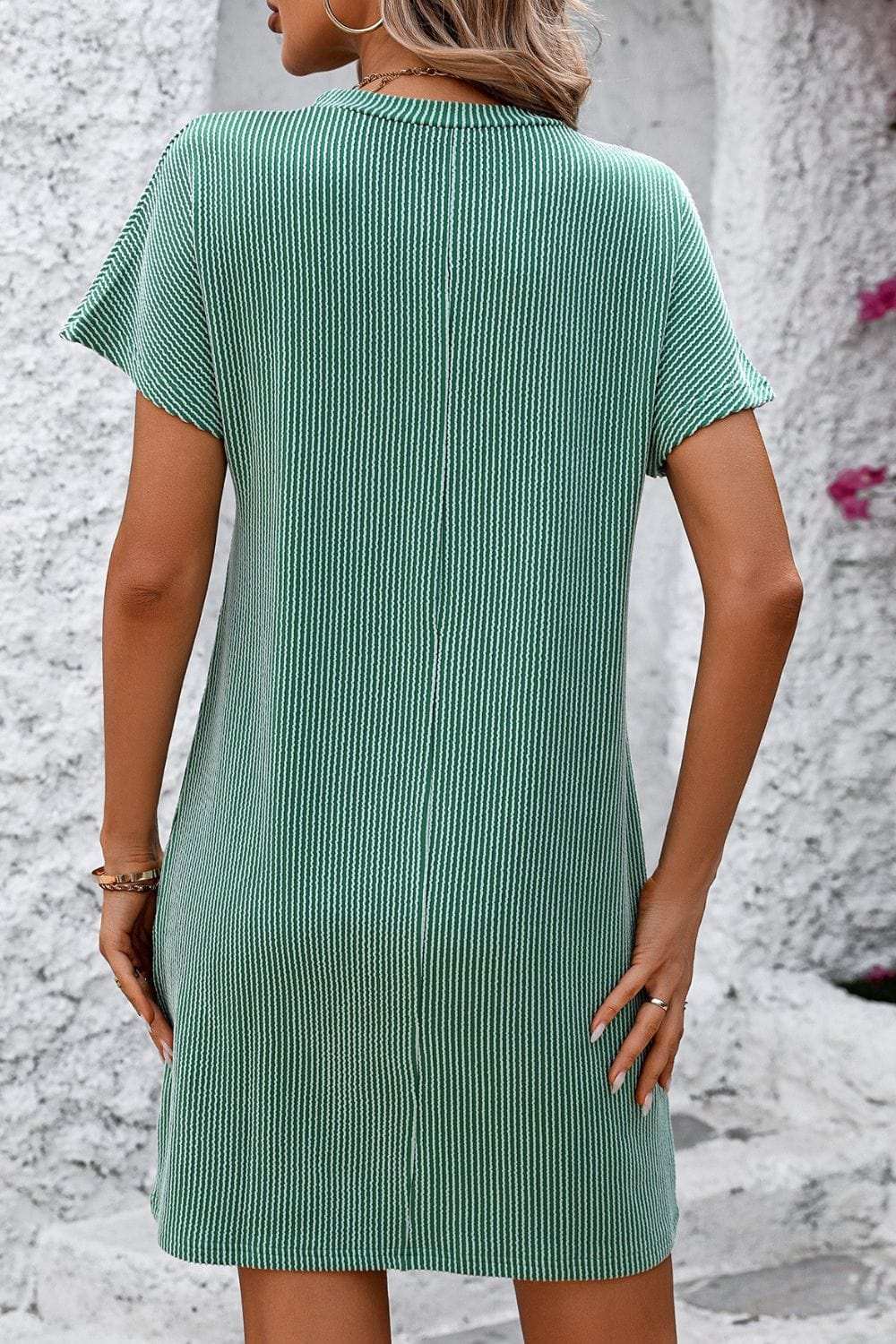 Ribbed Striped Short Sleeve Mini Tee Dress - Trendsi - Flyclothing LLC