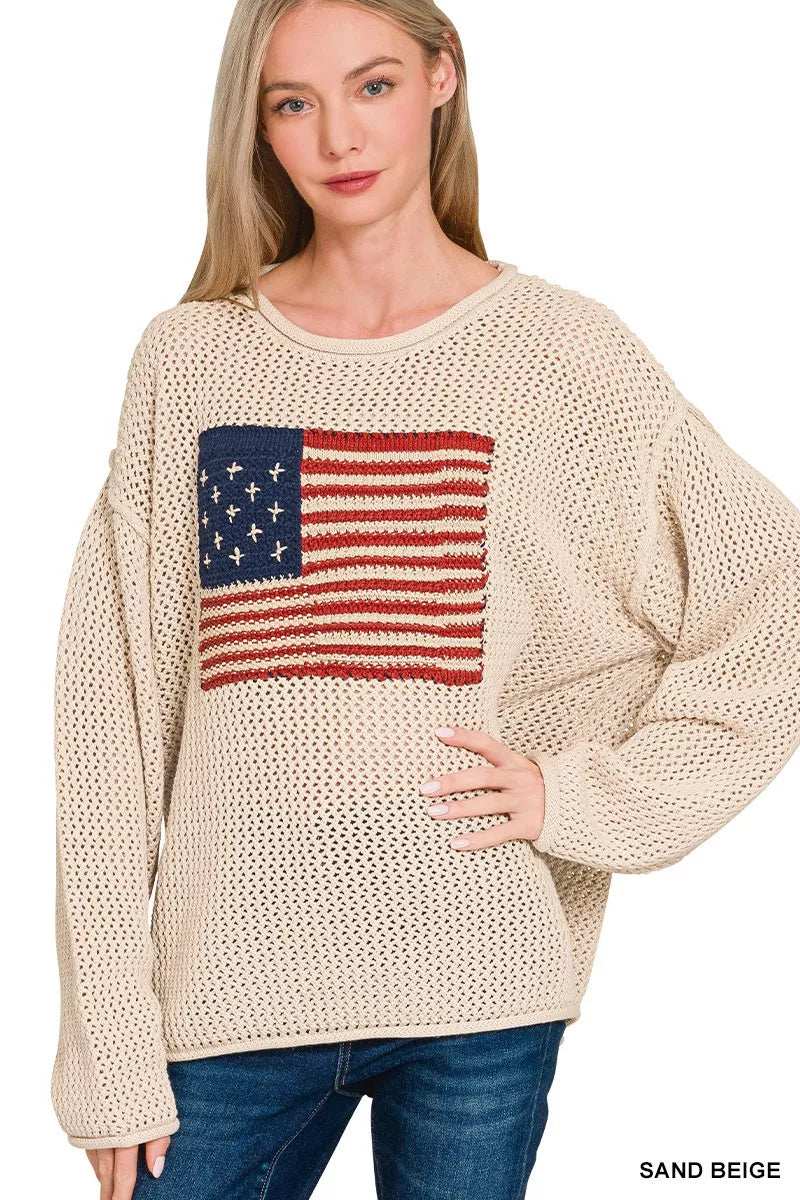 Zenana American Flag Crew Neck Sweater - Trendsi - Flyclothing LLC