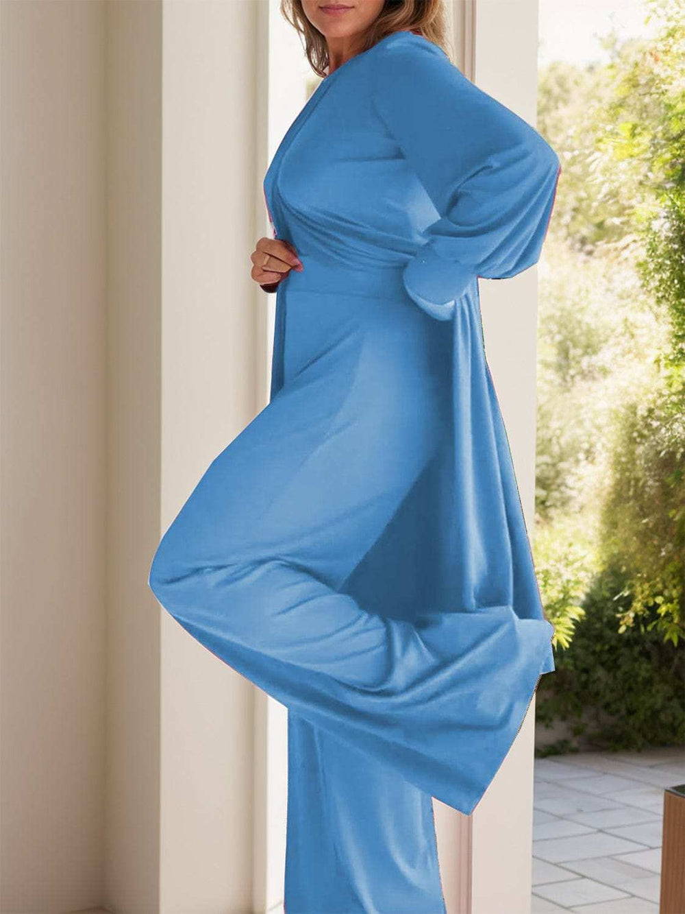 Full Size Slit Round Neck Long Sleeve Top and Pants Set - Trendsi - Flyclothing LLC