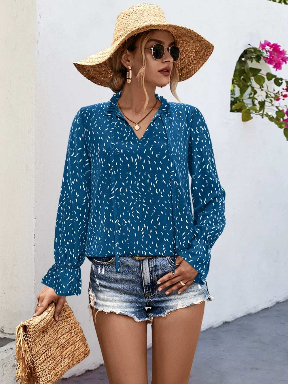 Ruffled Printed Tie Neck Long Sleeve Blouse - Trendsi - Flyclothing LLC