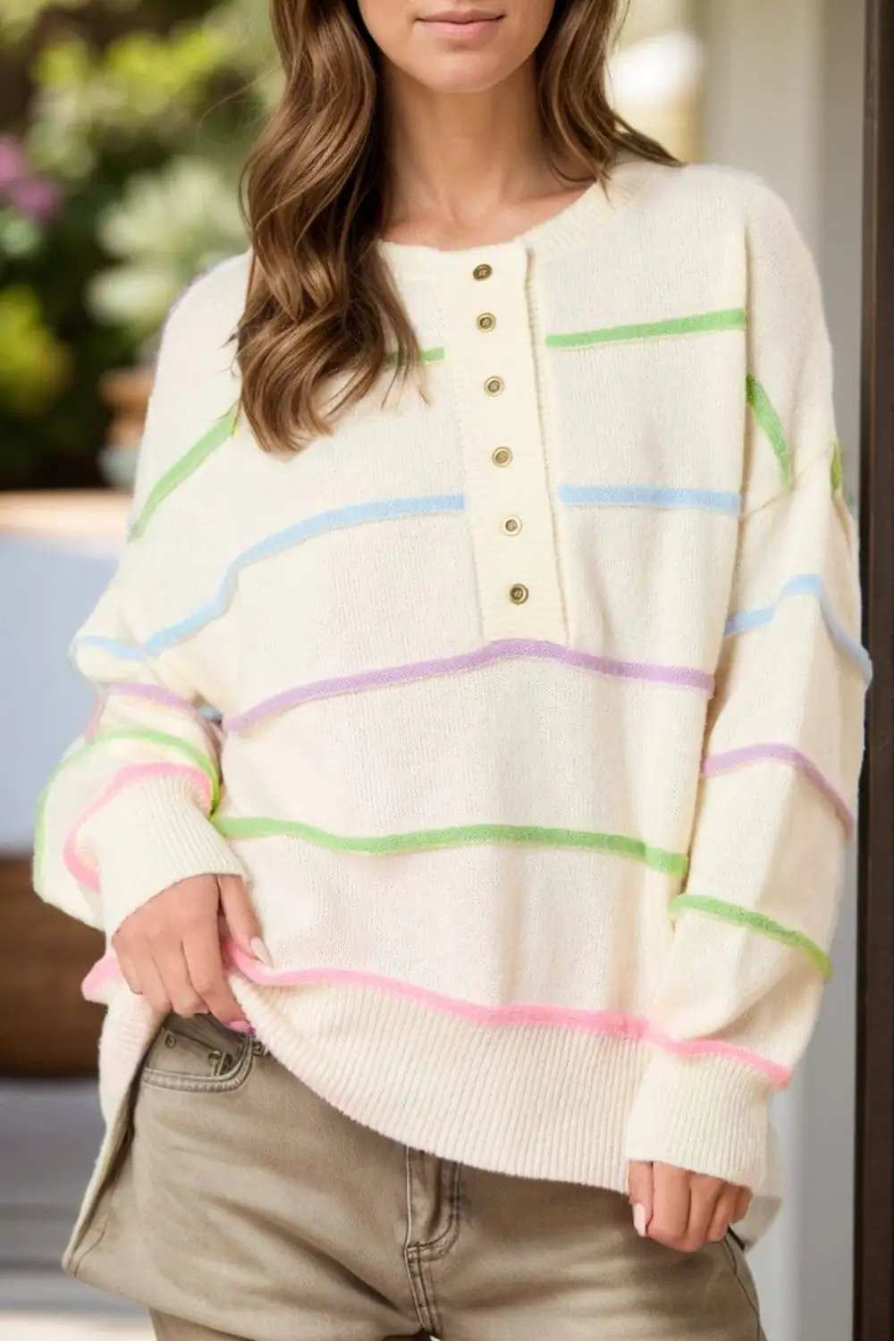 Contrast Striped Half Button Round Neck Sweater - Trendsi - Flyclothing LLC