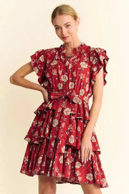 Davi & Dani Ruffle Flutter Sleeve Tie Belt Tiered Mini Dress - Trendsi - Flyclothing LLC