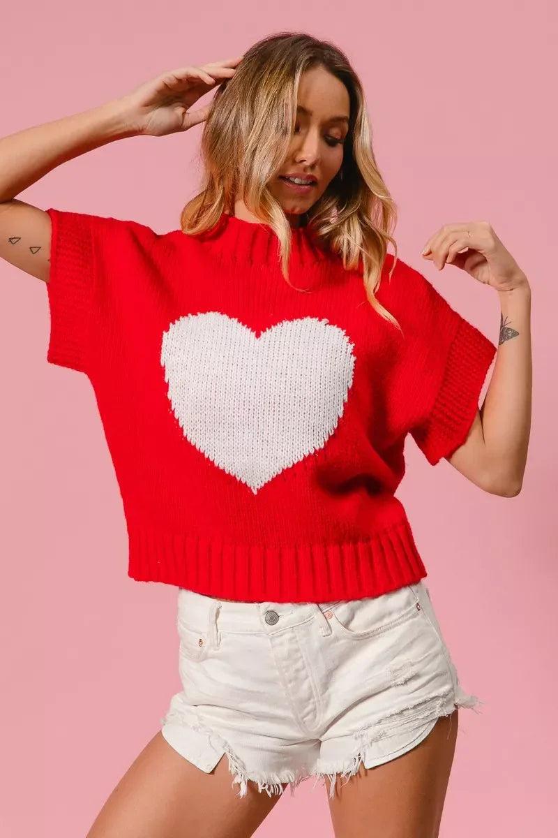 BiBi Rib Banded Heart Pattern Valentines Sweater - Trendsi - Flyclothing LLC