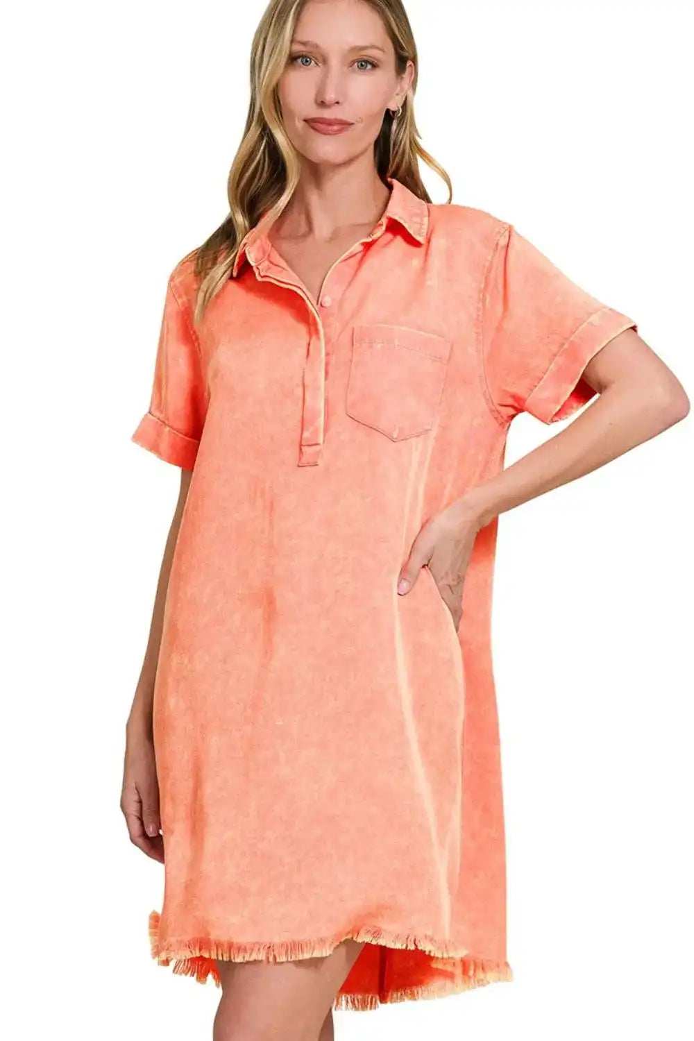 Zenana Tencel Mineral Washed Collared Shirts Dress - Trendsi - Flyclothing LLC