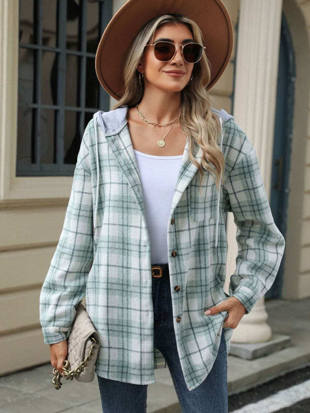 Drawstring Plaid Button Up Hooded Jacket - Trendsi - Flyclothing LLC