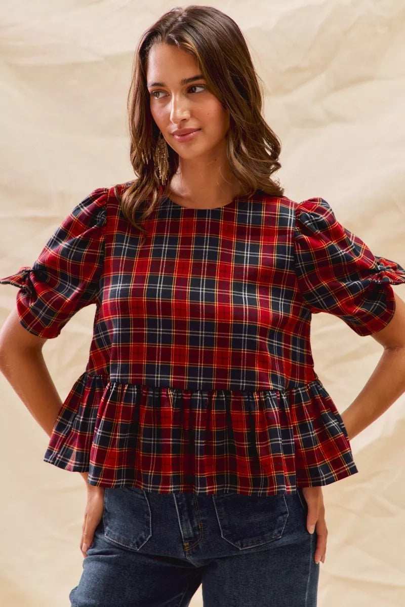 SO ME Christmas Holiday Plaid Ribbon Short Sleeves Top - Trendsi - Flyclothing LLC