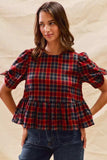 SO ME Christmas Holiday Plaid Ribbon Short Sleeves Top - Trendsi - Flyclothing LLC
