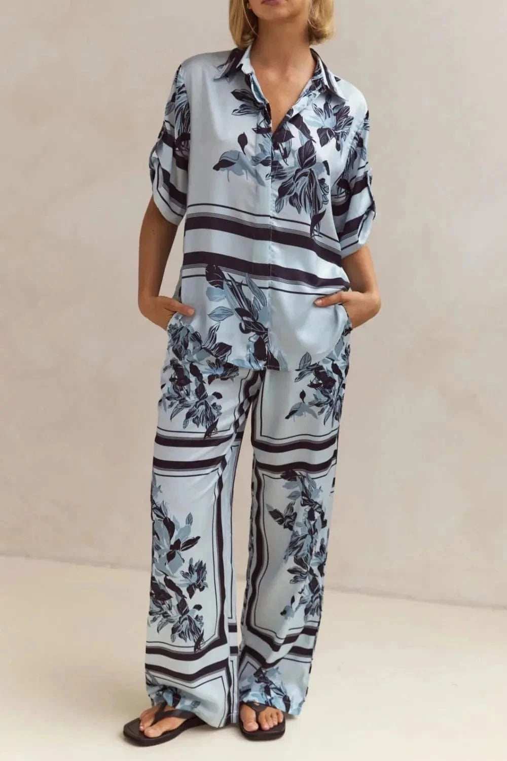 Printed Button Up Shirt and Pants Set - Trendsi - Flyclothing LLC