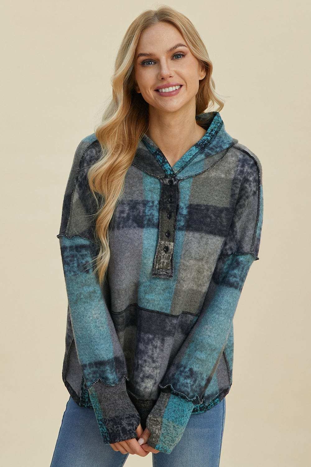 Double Take Full Size Plaid Dropped Shoulder Hoodie - Trendsi - Flyclothing LLC