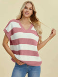 Double Take Full Size Striped V-Neck Short Sleeve Sweater - Trendsi - Flyclothing LLC