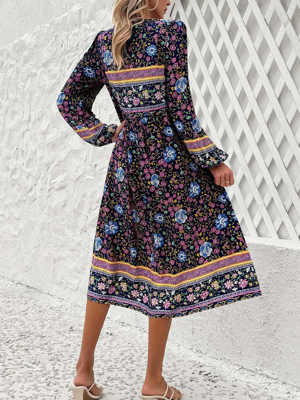 Tassel Tied Printed Long Sleeve Dress - Trendsi - Flyclothing LLC