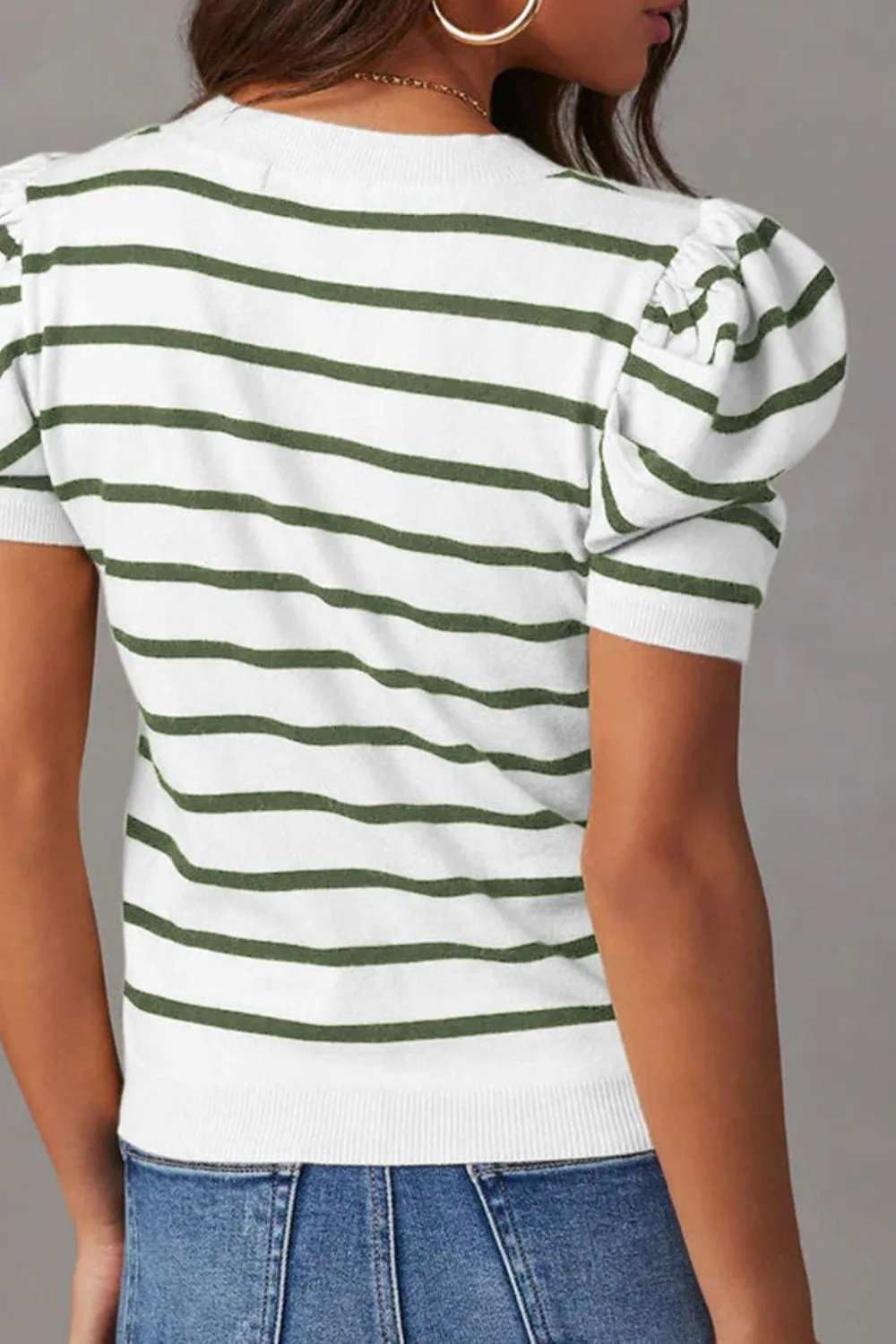 Striped Round Neck Puff Sleeve Knit Top - Trendsi - Flyclothing LLC