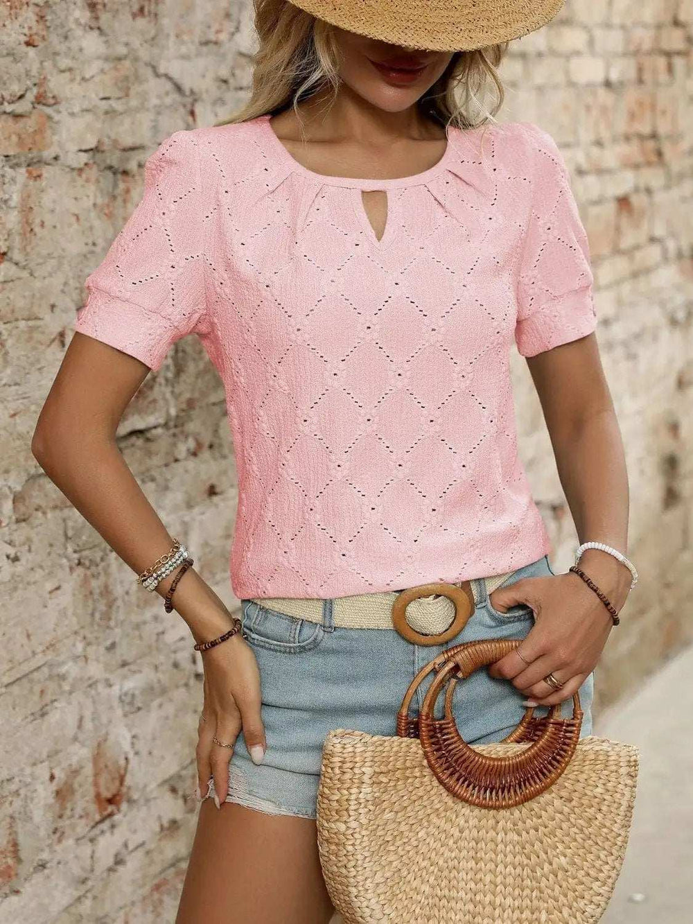 Eyelet Round Neck Short Sleeve Top - Trendsi - Flyclothing LLC
