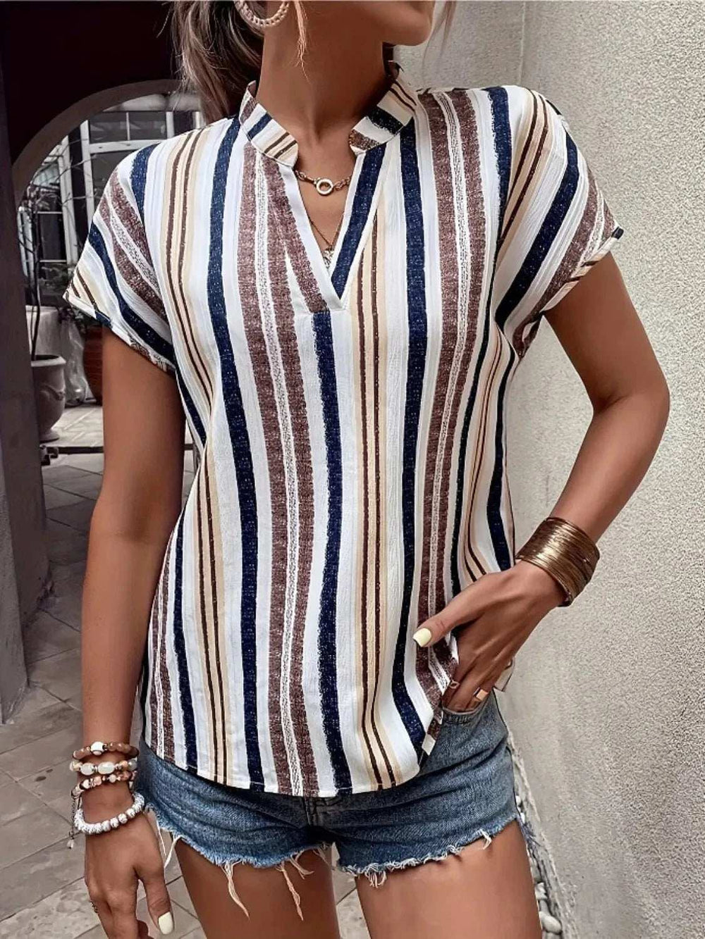 Striped Notched Short Sleeve Shirt - Trendsi - Flyclothing LLC