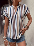 Striped Notched Short Sleeve Shirt - Trendsi - Flyclothing LLC