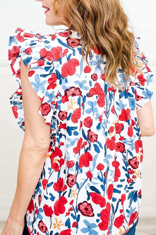 Ruffled Printed V-Neck Cap Sleeve Blouse - Trendsi - Flyclothing LLC
