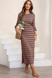 Slit Striped Round Neck Midi Dress - Trendsi - Flyclothing LLC