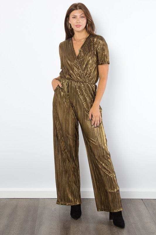 Be Stage Surplice Short Sleeve Pleated Foil Jumpsuit - Trendsi - Flyclothing LLC