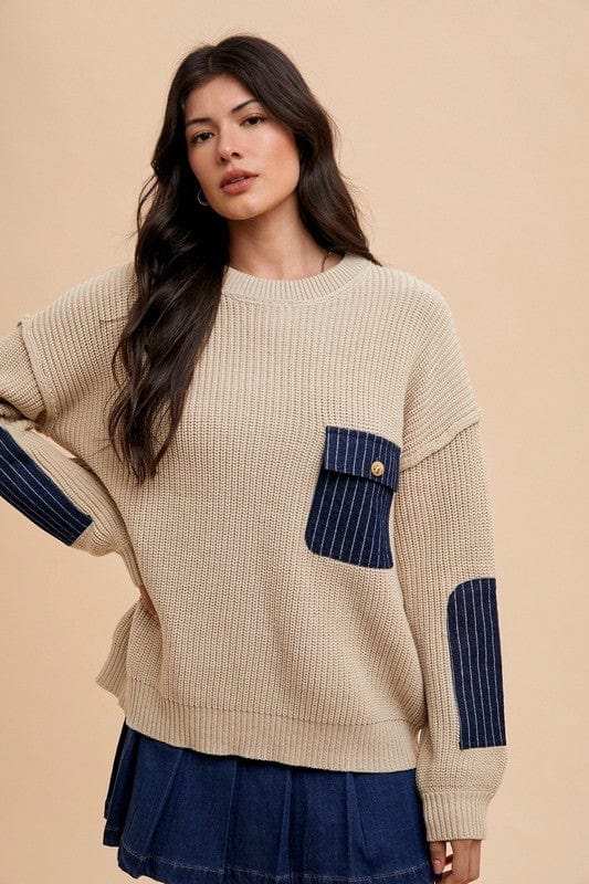 Annie Wear Contrast Round Neck Drop Shoulder Sweater with Patch Pocket - Trendsi - Flyclothing LLC