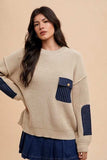 Annie Wear Contrast Round Neck Drop Shoulder Sweater with Patch Pocket - Trendsi - Flyclothing LLC