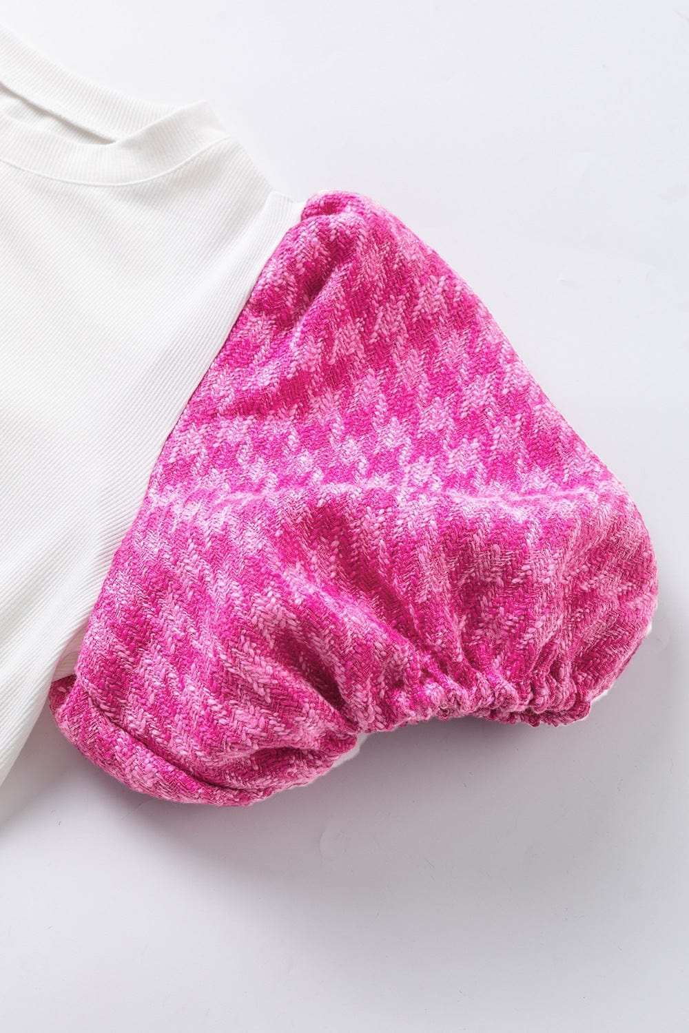 Round Neck Contrast Tweed Puff Sleeve Top - Trendsi - Flyclothing LLC