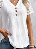 Waffle-Knit V-Neck Short Sleeve Top - Trendsi - Flyclothing LLC