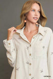 Umgee Linen Blend Fitted Shirt with Ribbon Embroidery Details - Trendsi - Flyclothing LLC