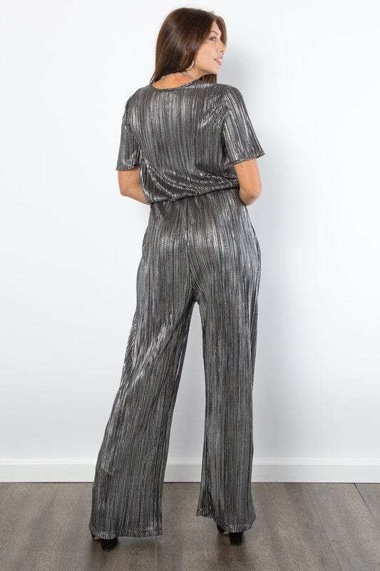 Be Stage Surplice Short Sleeve Pleated Foil Jumpsuit - Trendsi - Flyclothing LLC