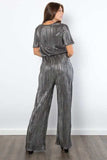Be Stage Surplice Short Sleeve Pleated Foil Jumpsuit - Trendsi - Flyclothing LLC