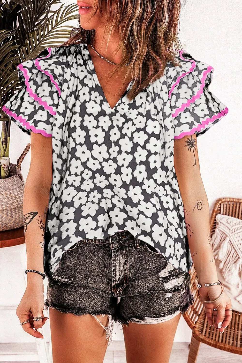 Printed V-Neck Flounce Sleeve Blouse - Trendsi - Flyclothing LLC