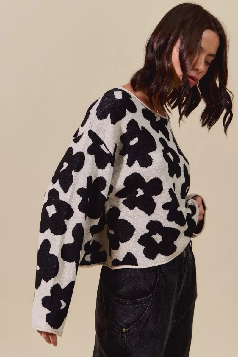 SO ME Loose Fit Flower Lightweight Sweater Top - Trendsi - Flyclothing LLC