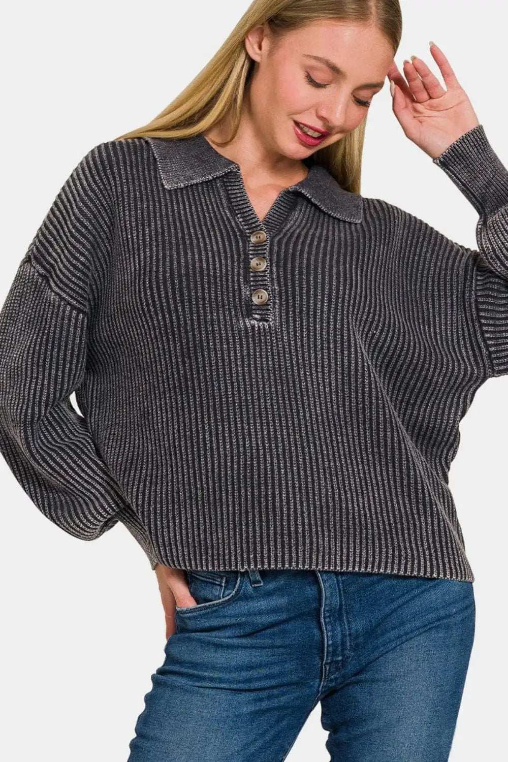 Zenana Washed Half Button Long Sleeve Sweater - Trendsi - Flyclothing LLC