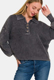 Zenana Washed Half Button Long Sleeve Sweater - Trendsi - Flyclothing LLC