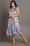 Umgee Full Size Leaf Print Double Layered Ruffle Sleeve Tiered Midi Dress Plus Size - Trendsi - Flyclothing LLC