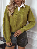 Cable-Knit Collared Neck Faux Layered Sweater - Trendsi - Flyclothing LLC