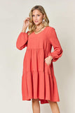 Double Take Full Size V-Neck Balloon Sleeve Tiered Dress - Trendsi - Flyclothing LLC