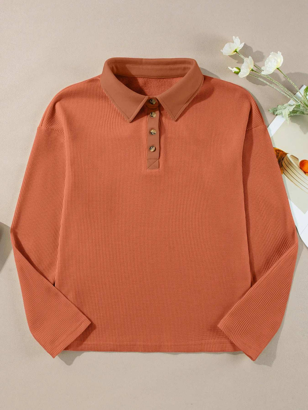 Long Sleeve Thermal Knit Polo Top - Trendsi - Flyclothing LLC