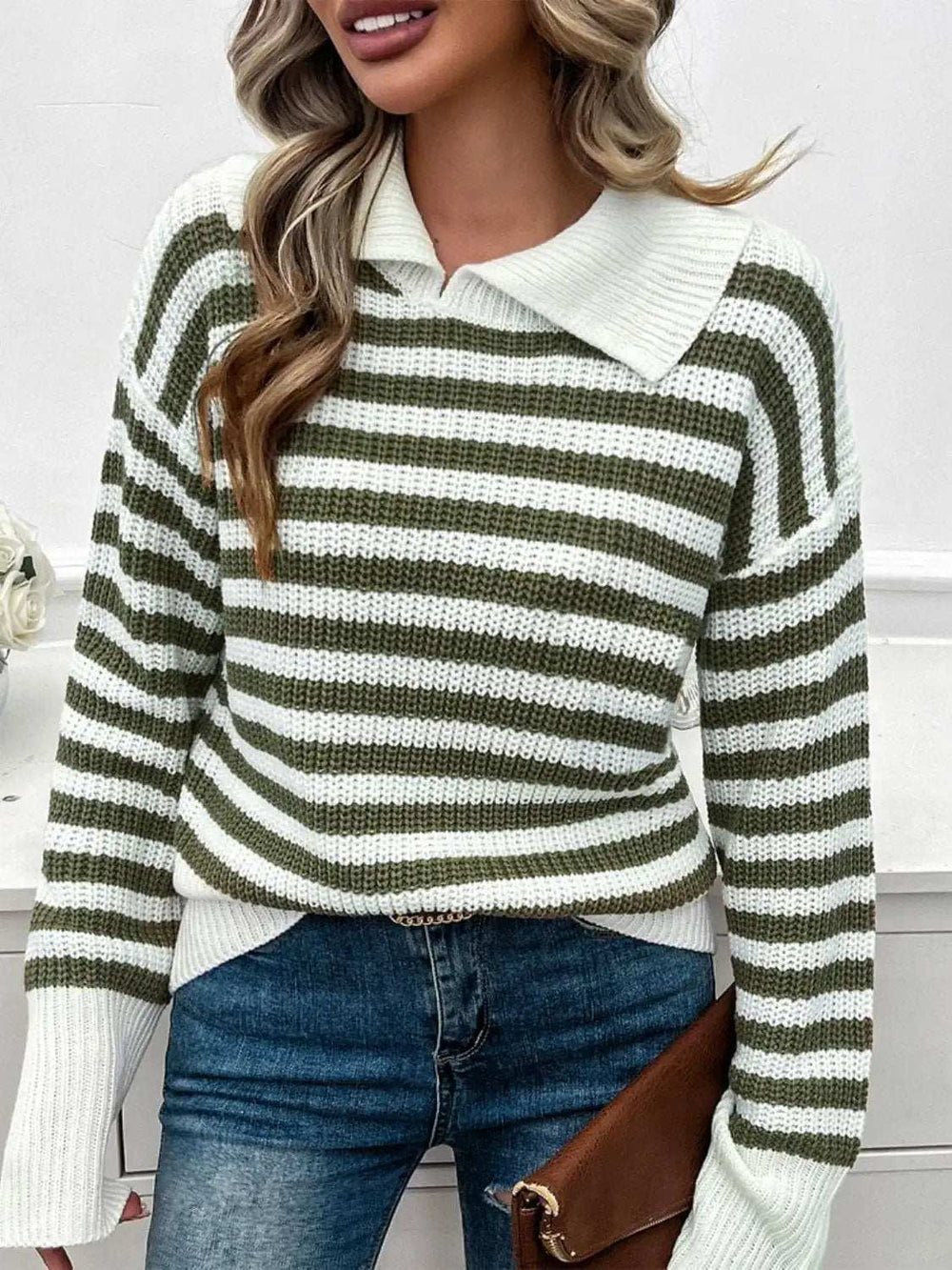 Striped Collared Neck Long Sleeve Sweater - Trendsi - Flyclothing LLC