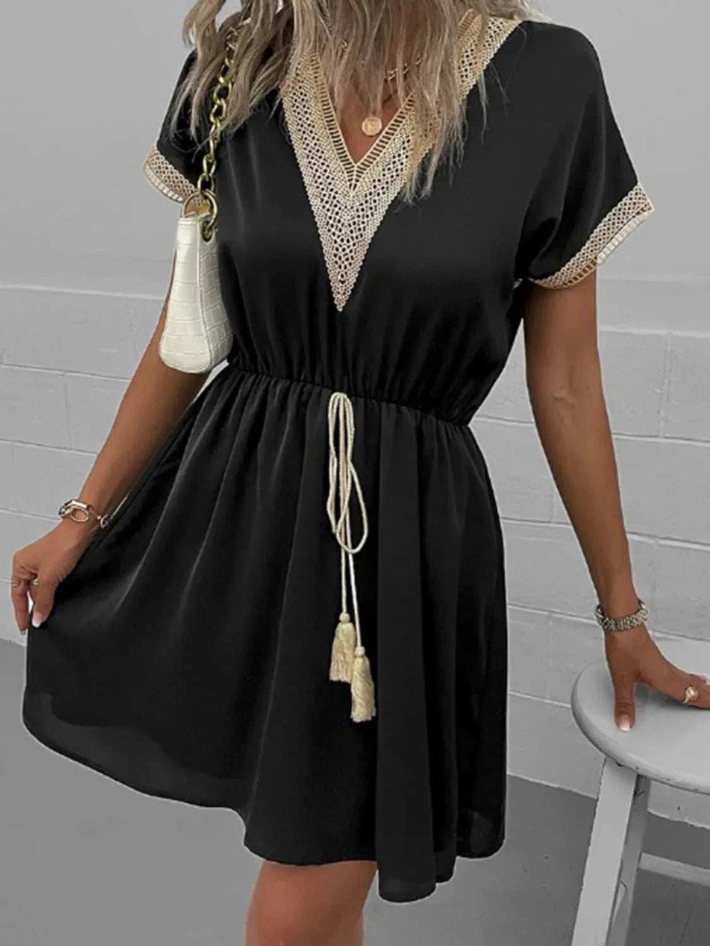 Full Size Tassel V-Neck Short Sleeve Dress Plus Size - Trendsi - Flyclothing LLC
