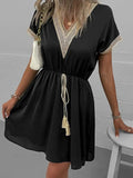 Full Size Tassel V-Neck Short Sleeve Dress Plus Size - Trendsi - Flyclothing LLC