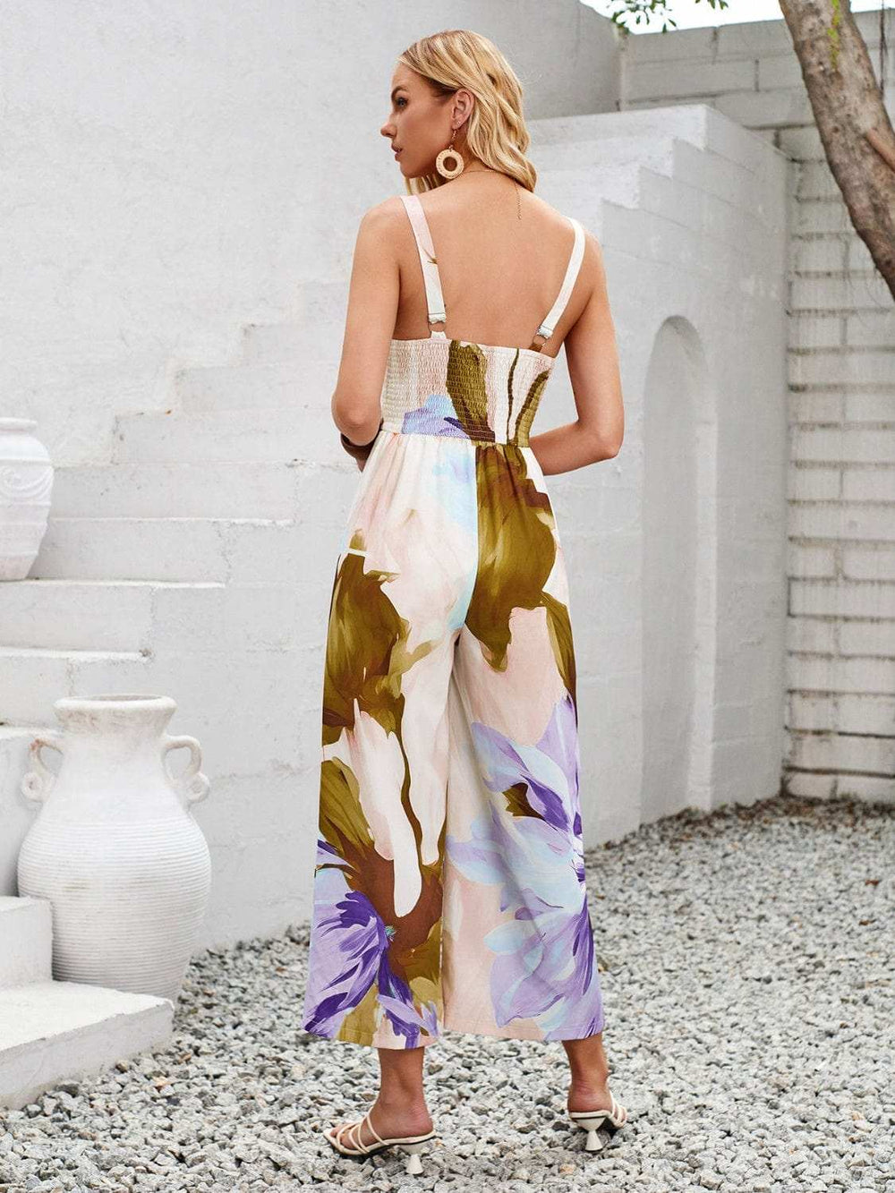 Cutout Printed Wide Strap Jumpsuit - Trendsi - Flyclothing LLC