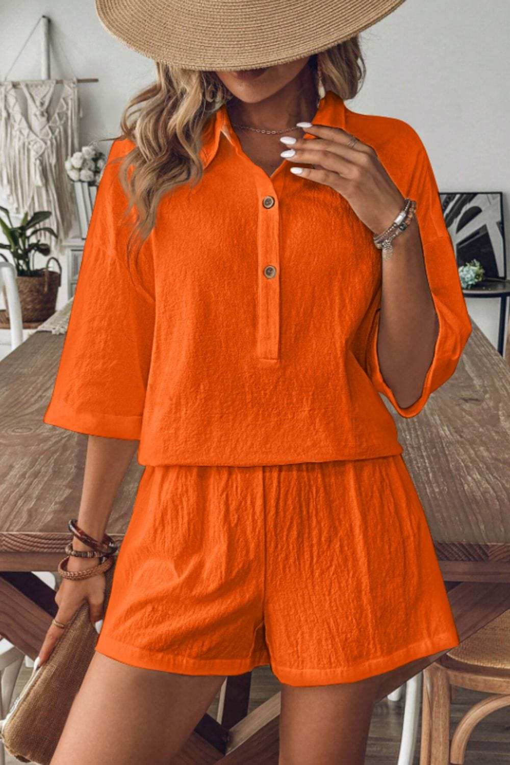 Collared Neck Half Sleeve Top and Shorts Set - Trendsi - Flyclothing LLC