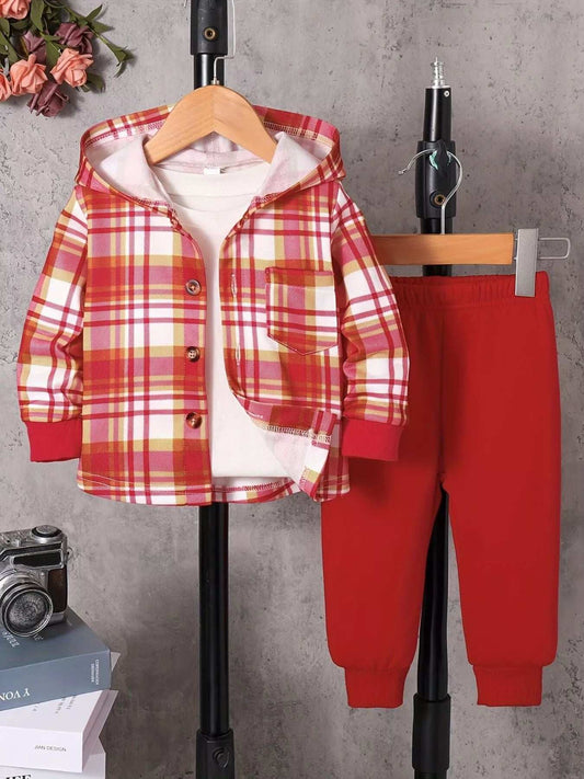 Children's Plaid Button Up Hooded Top & Pants Set - Trendsi - Flyclothing LLC