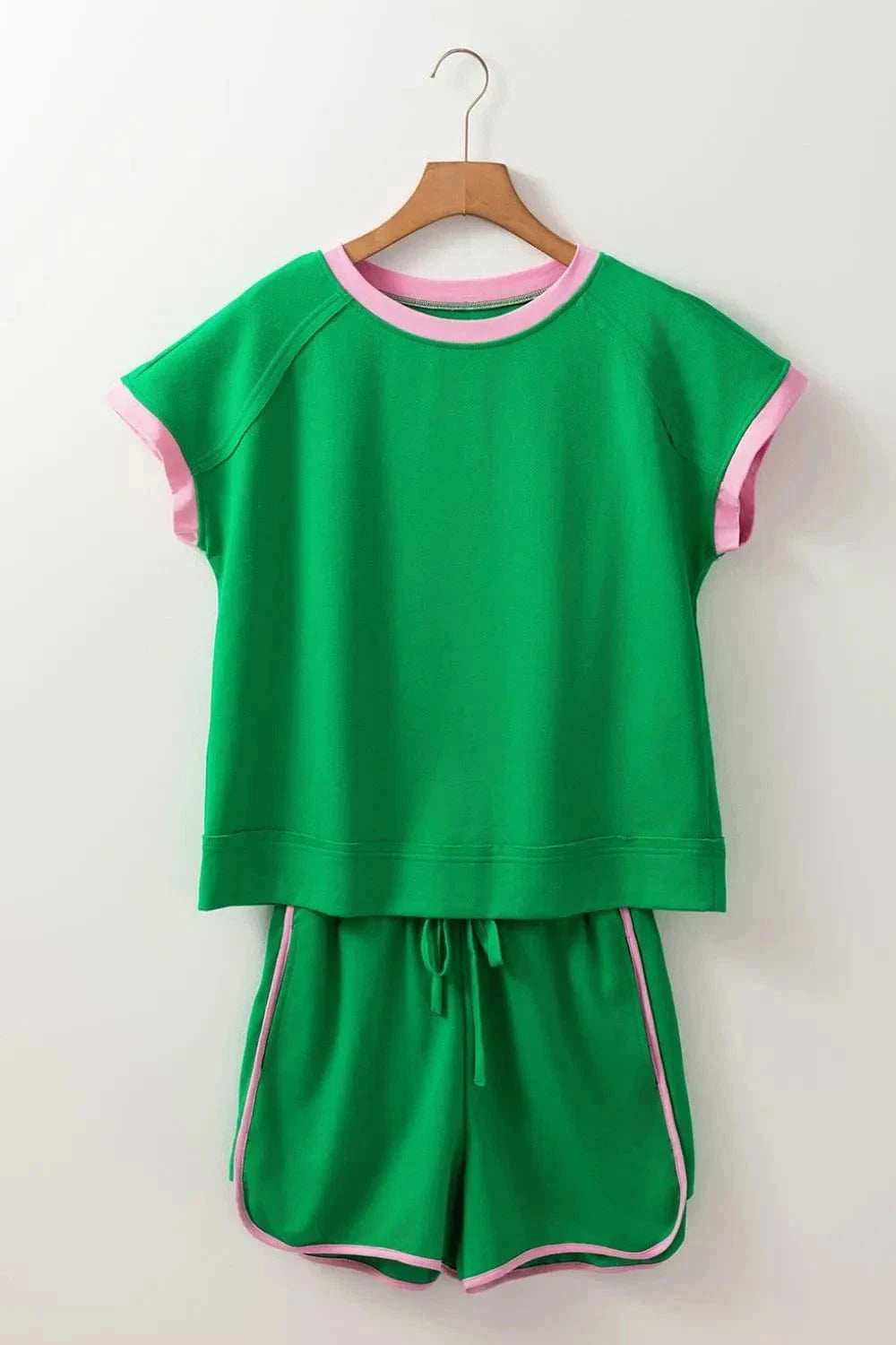Two Tone Contrast Textured Crewneck Tee and Shorts Set - Trendsi - Flyclothing LLC