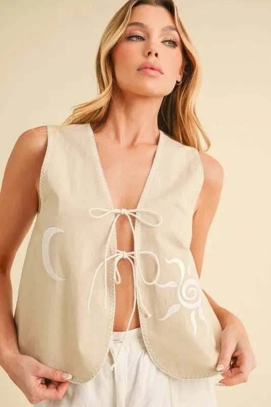 Aemi+Co Embroidered Tied Front Vest Coat - Trendsi - Flyclothing LLC