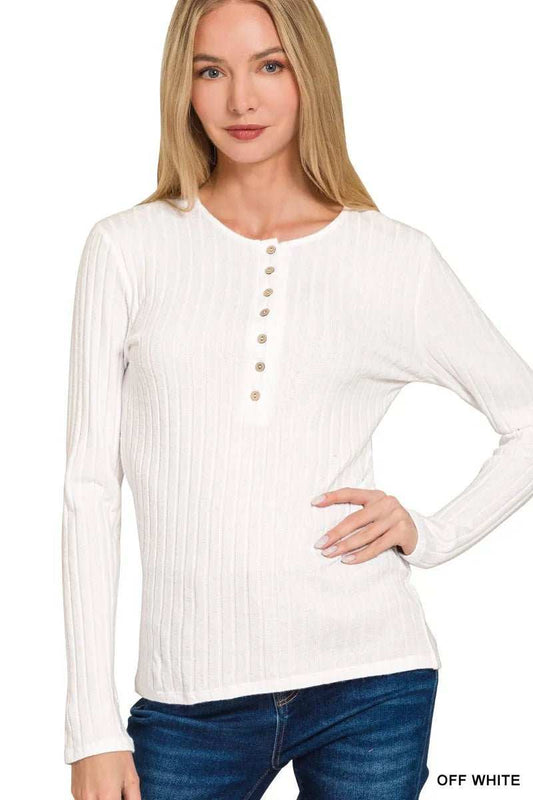 Zenana Ribbed Long Sleeve Half Button Top - Trendsi - Flyclothing LLC