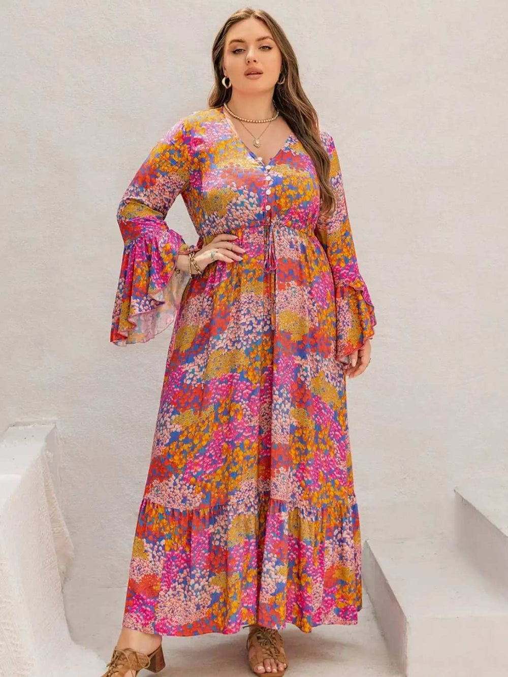 Plus Size Printed V-Neck Long Sleeve Maxi Dress - Trendsi - Flyclothing LLC