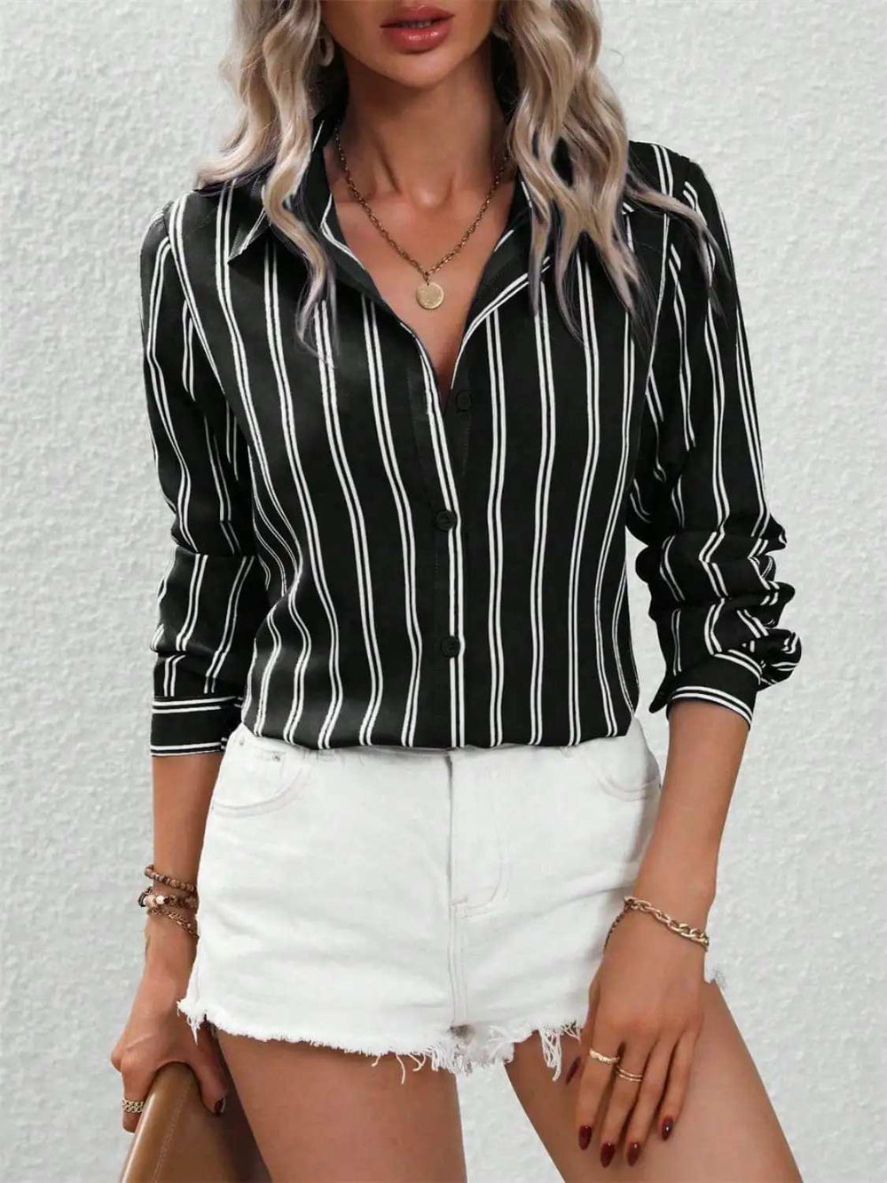 Striped Collared Neck Long Sleeve Shirt - Trendsi - Flyclothing LLC