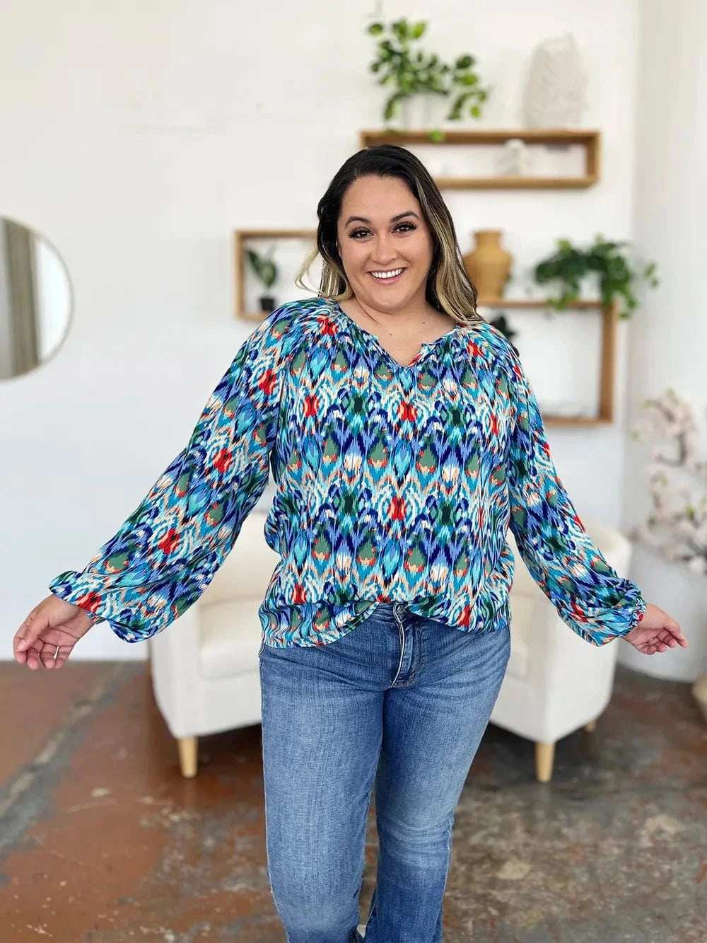 Double Take Full Size Printed Balloon Sleeve Blouse - Trendsi - Flyclothing LLC