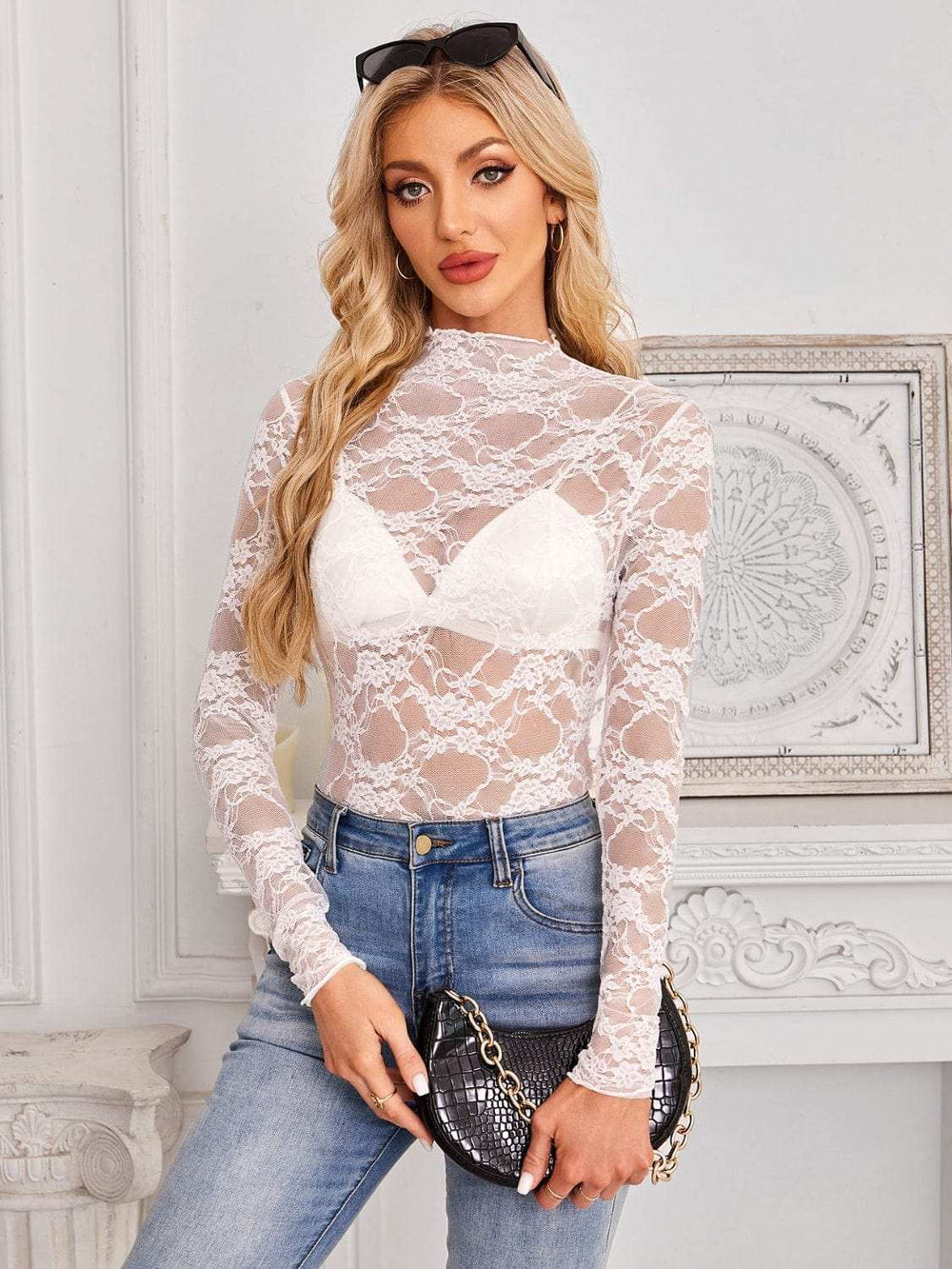Mock Neck Long Sleeve Lace Sheer Top - Trendsi - Flyclothing LLC